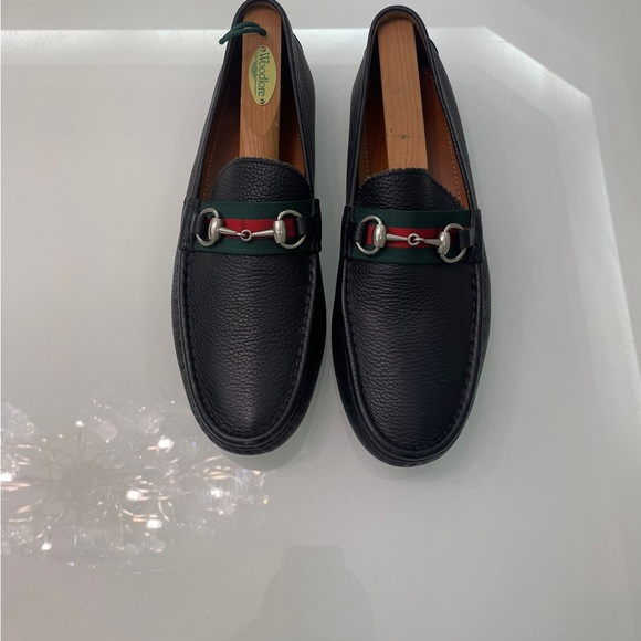 Gucci Damo Horsebit Web Silver Ribbon Black Leather Mens Loafer Shoes Size 9 US - Picture 3 of 9